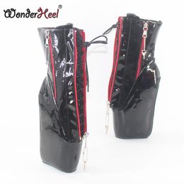 Wonderheel yeni süper yüksek topuk 7 "takozlar topuk çift kilitli fermuar siyah patent seksi fetiş iç lace up ayak bileği bale çizmeler