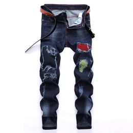 Europe and the United States motorcycle jeans men's autumn winter stretch hole pants plus size 2021