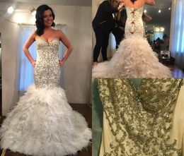 Luxury Mermaid Wedding Dresses Bling Beaded Rhinestone Feather Sequins Beach Wedding Gowns Sweep Train Sweetheart Plus Size Bridal Dress