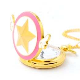 Wholesale 100pcs/lot ashion Lovely Pink Quartz Pocket Watch Anime Star Wings Magic Pocket Watches Necklace Chain Girls Ladies watches PW034