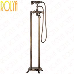 Rolya Vintage Free Standing Bath Shower Faucets Antique Brass Floor Mounted Bathtub Filler Taps