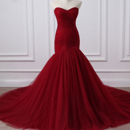 Newest Burgundy Mermaid Wedding Dresses Sweetheart Sleeveless Ruched Top Tulle Trumpet Bridal Gowns Lace-up Back Custom Made