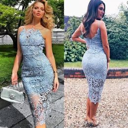 2019 Cheap Sheath Cocktail Dress Light Blue Lace Tea Length Summer Beach Formal Club Wear Evening Prom Party Gown Plus Size Custom Made