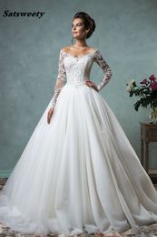 Vintage Bateau Neck Lace Long Sleeve Wedding Dresses Plus Size Illusion Train vestido de noiva Bridal Gown Ball Back Buttons