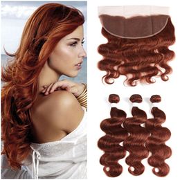 Body Wave #33 Copper Red Brazilian Human Hair Weaves With Full Frontal 4Pcs Lot Dark Auburn Bundles Deals With 13x4 Lace Frontal Closure