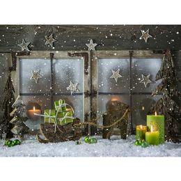 Outside Window Winter Christmas Backdrop Printed Stars Green Balls Candles Gifts Wood Pine Trees Elk Snow Snowflakes Background