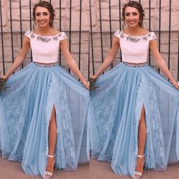 Arabic Long Two Pieces Prom Dresses Bateau Neck Crystals Ivory Crop Top Lace Tulle Skirt with Split Formal Evening Party Gowns Custom Made