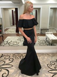 2022 Sexy Black Cheap Simple Evening Formal Dresses Long Boho Off the shoulder with Short Sleeves Satin Mermaid Prom Party Dress Gowns