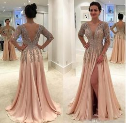 Prom Dresses Deep V Neck Beaded Crystal Long Sleeves Backless Chiffon Side Split Veatidos Floor Length A Line Evening Dress Party Gowns