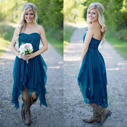 Hot Sale 2017 Teal Blue Asymmetrical Hi Low Short Country Bridesmaids Dresses Cheap Sweetheart Lace And Chiffon Maid Of Honour Gown EN12251