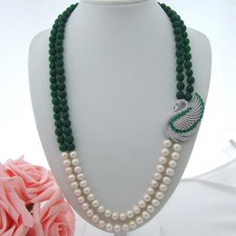 Charming natural 2 strands white pearl green jade micro inlay zircon accessories swan clasp sweater necklace long 53-56 cm