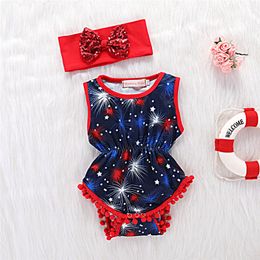2018 New Baby Rompers Infant Girls Clothes Summer Sleeveless Tassels Stars Romper +Headband Cotton Baby Girls Clothing Body Suits Sunsuit