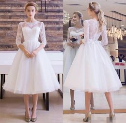 Beach Knee Length Lace Tulle Wedding Dresses Vintage Sheer 3/4 Sleeves Appliques with Bow Sash Bohemian Bridal Gowns Cheap mm38