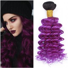 Ombre Purple Peruvian Virgin Human Hair Weaves Extensions Deep Wave Dark Root 1B/Purple Ombre Human Hair Bundle Deals 10-30" Tangle Free