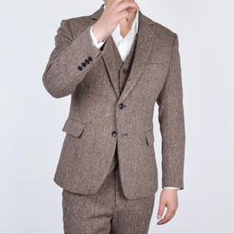 New Fashion Tweed Groom Tuxedo Excellent Man Winter Blazer Notch Lapel Two Button Men Business Dinner Prom Suit(Jacket+Pants+Tie+Vest) 174