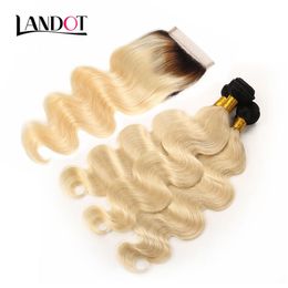 9A Color 1B/613 Ombre Blonde Lace Closure with 3 Bundles Brazilian Virgin Human Hair Weaves Body Wave Peruvian Malaysian Indian Remy Hair