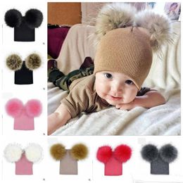 INS Baby Knitted Hats Kids Oversized Large 16cm Double Ball Hat Infants Pom Pom Solid Beanie Winter Luxury Beanies Cap