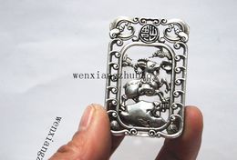 Antique white copper double-sided sheep (lucky word). Rectangular amulet, lucky necklace pendant.