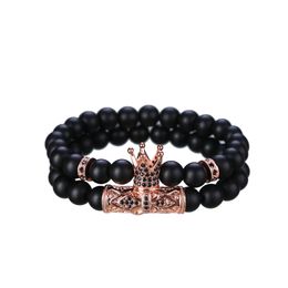 8mm Beads Bracelets Black Matte Onyx Stone Bracelets Sets Charm King Crown Women Men Jewellery