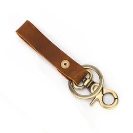 Genuine Leather Key Chain Keychain Holder Antique Bronze Plated Metal Car Key Ring Brown Color Jewelry Men Gifts With Snap Hook