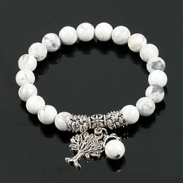 Fashion Round White Howlite Stone Mala Beads Tree of Life Bracelets for Men Tibetan Yoga Healing Power Energy Bracelet