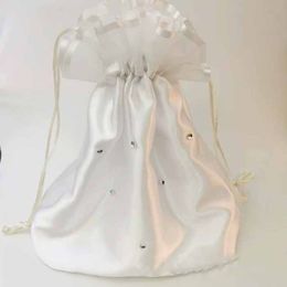 Beautiful bridal wedding satin plain dolly bag with beaded chain white mini handbag flower girl pram handbag