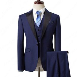 Popular Navy Blue Peak Lapel One Button Wedding Groom Tuxedos Men Suits Wedding/Prom/Dinner Best Man Blazer(Jacket+Tie+Vest+Pants)