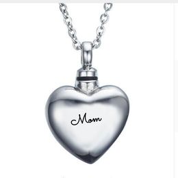 Stainless steel wholesale personality full of heart-shaped MOM perfume bottles urn burial cremation Jewellery pendants souvenir necklace