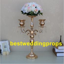 New style 5-arms metal Gold candelabras with crystal pendants wedding candle holder Event centerpiece best0273