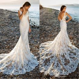 2021 Lace Mermaid Wedding Dresses V Neck Backless Summer Beach Sweep Train Wedding Bridal Gowns BC0126