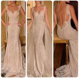 2022 Sexy Bling Straps Backless Mermaid Wedding Dress With Detachable Train Champagne Lace Applique Beaded Bridal Formal Celebrity Gowns