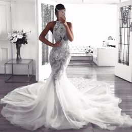 2019 Newest Halter Neck Mermaid Wedding Dresses Sexy Illusion Bodice Lace Applique Bridal Gowns Robe De Mariage