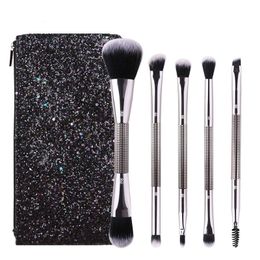 5pcs/set Double Head Makeup Brushes Set Bling Diamond Powder Foundation Eyelashes Eyashadow Highlighter Make Up Brush With Fashion ZIP Bag