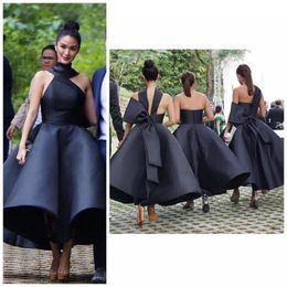 Fall 2018 Special Black Bridesmaid Dresses Halter Puffy A Line Tea-length Satin Bridesmaid Dresses with Big Bow Wedding Guest Dress