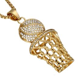 HIP Hop Iced Out Bling Full Rhinestone Basketball Pendant Necklaces Gold&Silver Stainless Steel Sports Necklace for Men s Fashion Jewellery