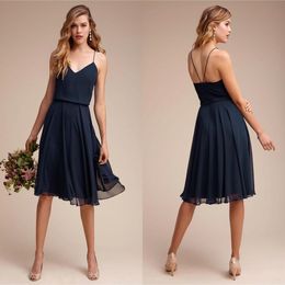 Simple Short Country Bridesmaid Dresses Knee Length Navy Blue Chiffon Spaghetti Formal Prom Party Gowns Sexy Backless Maid Of Junior Dresses