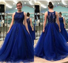 2022 Royal Blue A-line Formal Dresses Prom Dress Sheer Neckline Lace Applique Beaded See Though Back Plus Size Evening Gowns Party Dress