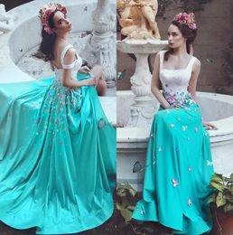 Stunning Prom Dresses Long Square Neck 3D Appliqued Evening Gowns A Line Vestidos De Fiesta Sweep Train Satin Beaded Formal Dress 326 326