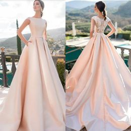 Elegant Bateau Neck Wedding Dress Vintage Lace Buttons Back Sweep Train Satin Bridal Gowns Custom Made