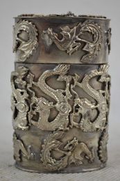 Old Collectible Decorated Hand Miao Silver Carving Dragon Phoenix Tobacco Box