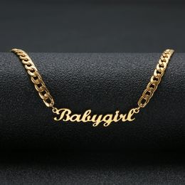 Lovely Gift Gold Colour "Babygirl" Name Necklace Stainless Steel Nameplate Choker Handwriting Signature Necklace For Girls