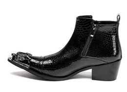 Men's Ankle Boots Alligator Patent Leather Boots Chaussure Homme Metal Toe Men Short Boots Med-heel Men Shoes