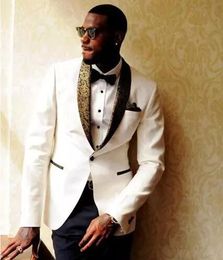 Latest Design Ivory Groom Tuxedos Custom Made Gold Shawl Collar Mens Prom Suit Wedding Groomsmen Suits (Jacket+Pants+Tie)