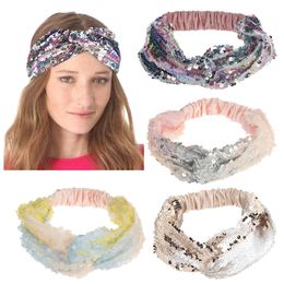 Fashion Sequin Crossing Headband Glitter Reversible Elastic Hairband Fish Scales Headwrap Accessory Bling Hair Band Free Shipping