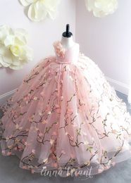 Pink Flower Girl Dresses 2019 3D Floral Princess Little Girls Birthday Party Formal Gowns Sweep Train vestidos primera comunion para ninas