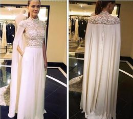 Arabic Zuhair Murad Elegant Evening Dresses with Cape High Neck Lace Prom Gowns Floor Length Plus Size Special Ocn Dress