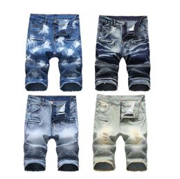 Calça jeans masculina curta na altura dos joelhos, cintura média, casual, shorts desgastados, rasgados, onda reta