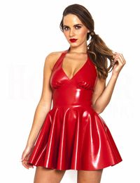 Plus Size S-5XL Women PVC Leather Mini Dress Wetlook Deep V Neck Sleeveless Party Dress Sexy Halter Backless Night Clubwear