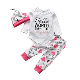 New Baby Girls Colthes Sets Newborn Infant Cotton Long Sleeve Tops Romper Hearts Arrows Pattern Romper+Pants+Hat Baby Girl Cotton Clothes