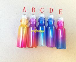 200pcs/lot 5ml Gradient Rainbow Colour Glass roll on bottle With Steel Roller bottle Essential oil cosmetic packing vial Bottles C2201
